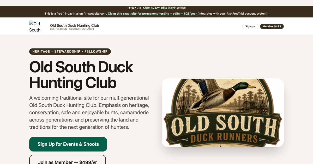 Old South Duck Club — homepage of the live launched site